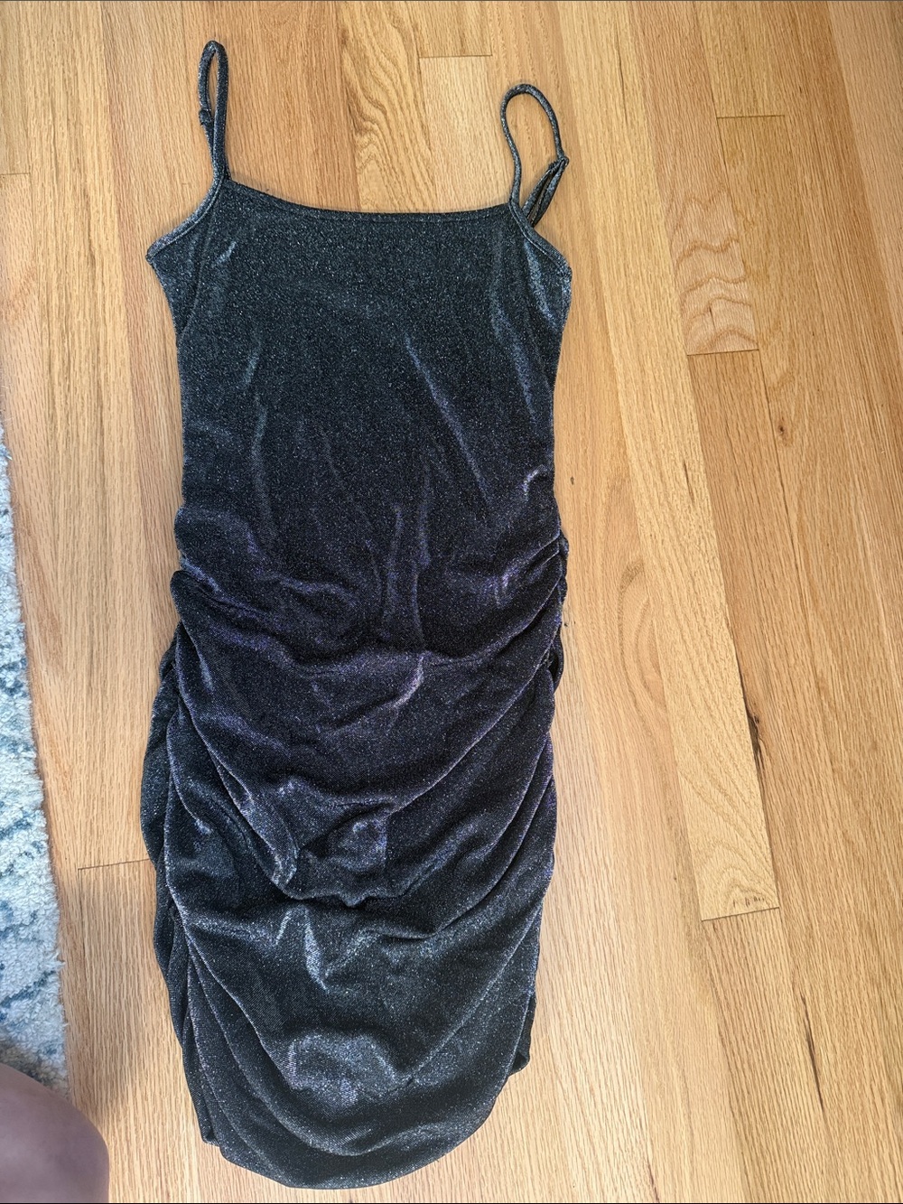 Katie J NYC Shimmery Black Velvet Ruched Midi Slip Dress